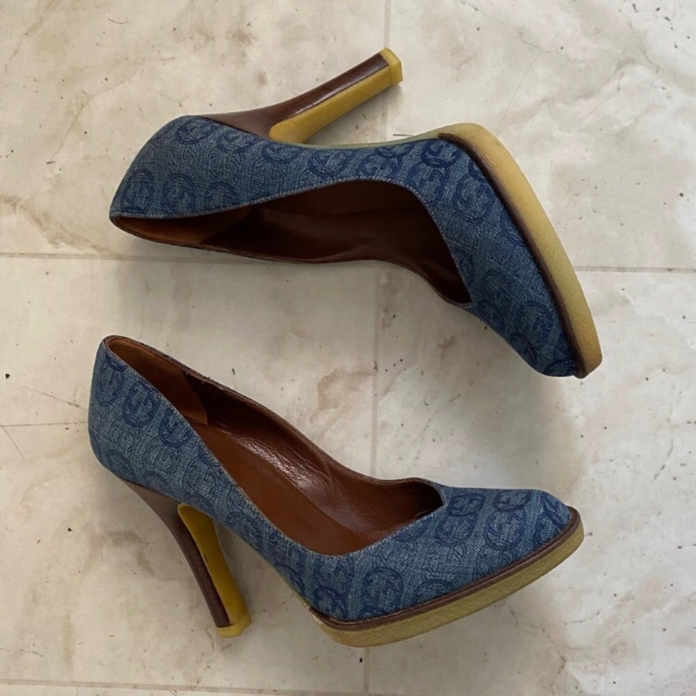 Authentic Gucci Interlocking GG Monogram Blue Denim Platform Pumps Heels Sz 6.5